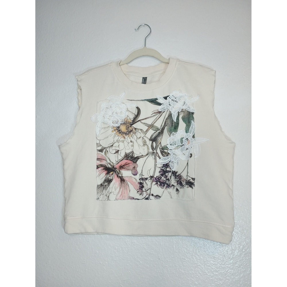 Anthropologie Floral Lace Applique Sleeveless Tank Cream Cotton Garden Girl S